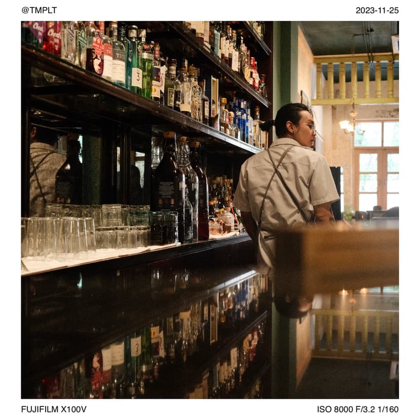 Urban photography with camera settings displayed